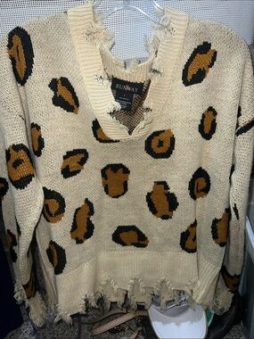 Runway Cream Leopard-Print Distressed V-Neck Sweater